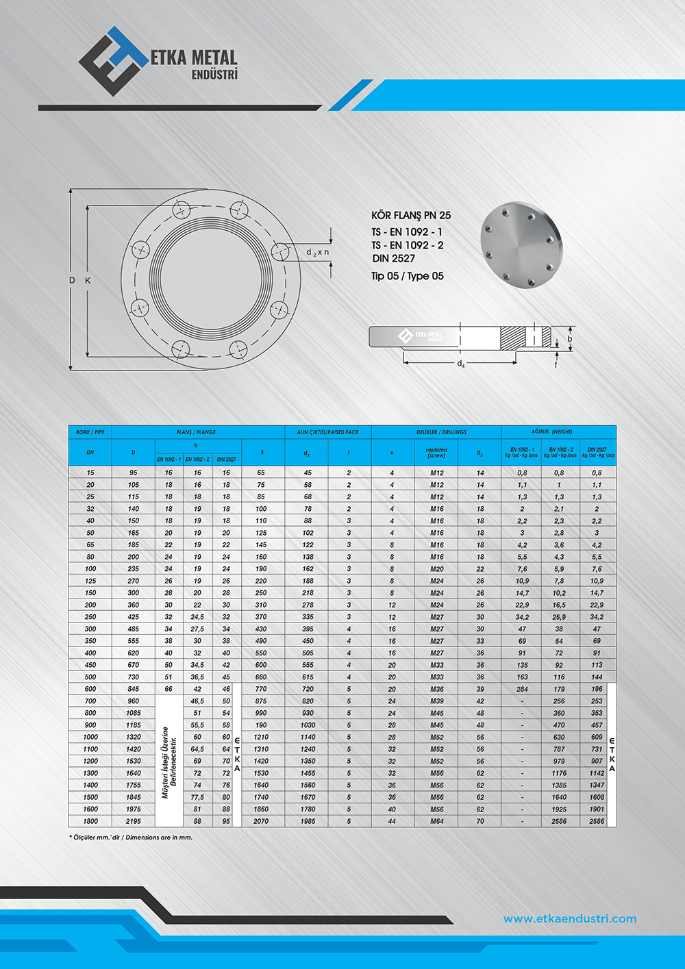 KÖR FLANŞ  PN25 EN1092-1 DIN 2527 TIP 05